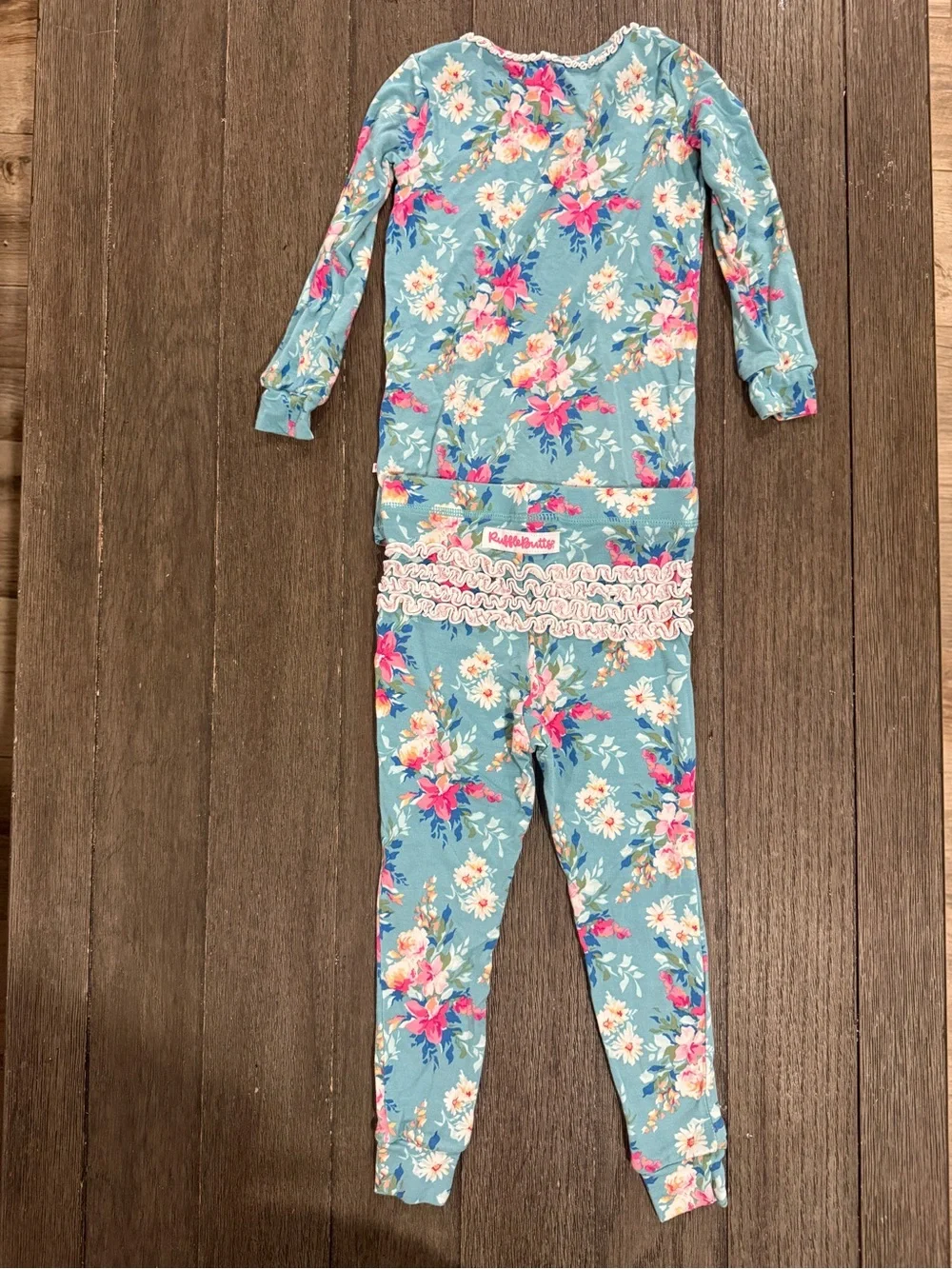 Ruffle Butts Aqua Floral Long-Sleeve Pajama Set with Pink & Cream Flowers